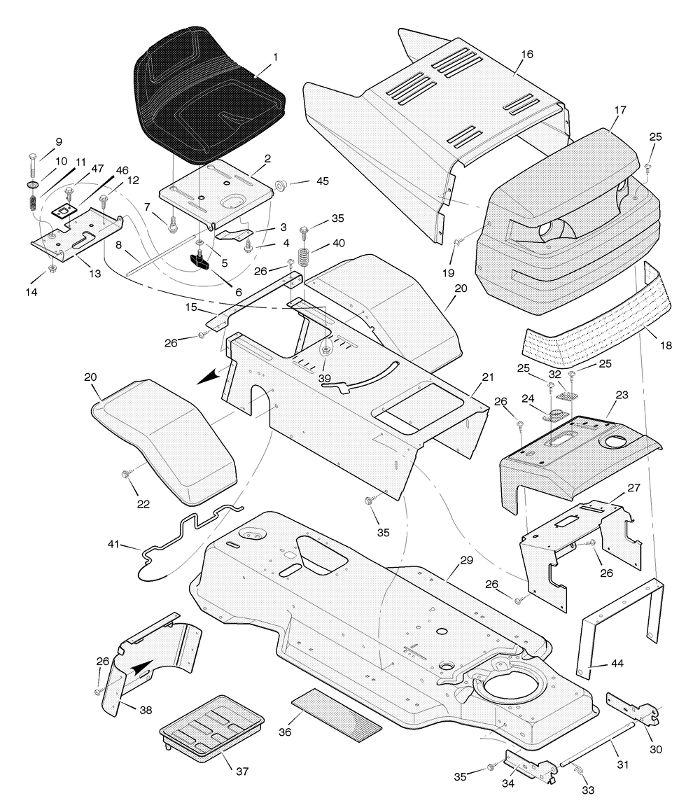 Chassis And Hood Diagram and Parts List for 387002X83A 2004 Briggs and Stratton Lawn Tractor